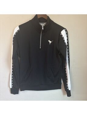 Victoria's Secret PINK Black White Half Zip Track Jacket Foil Logo  Stripe XS